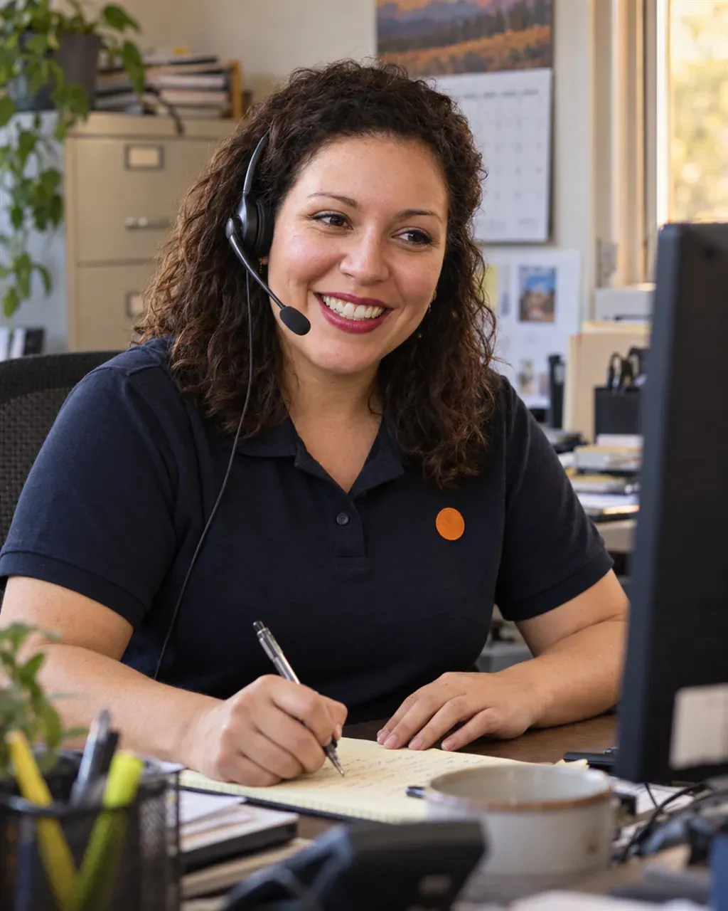 Dispatcher in a headset taking notes at her desk as a homeowner calls to book furnace repair in Littleton, CO