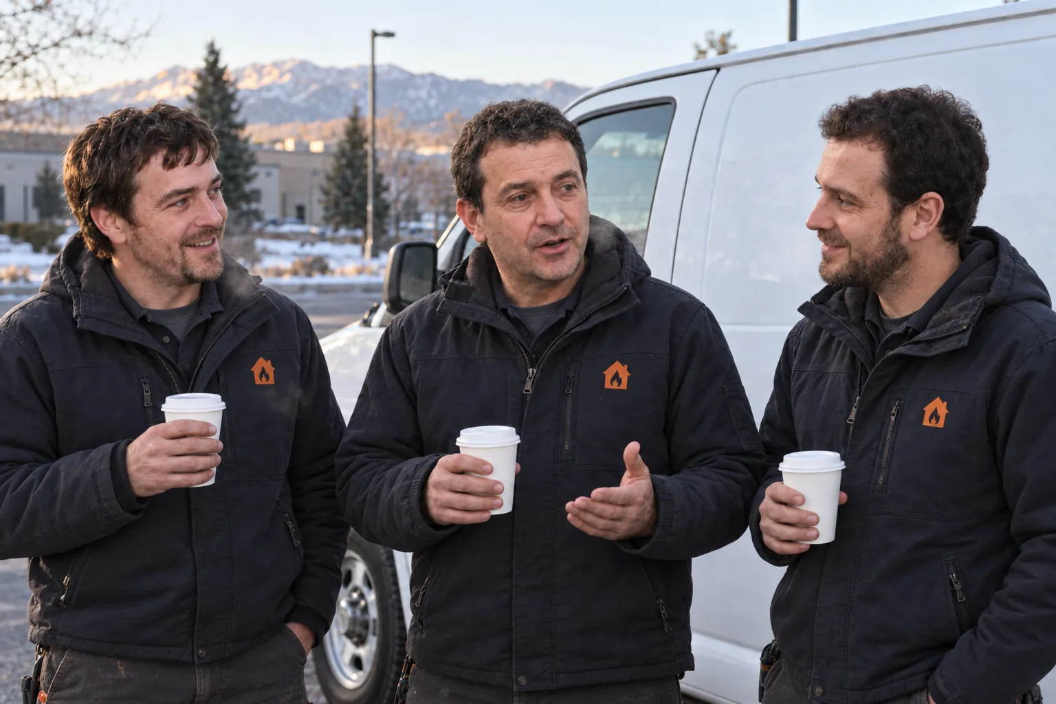 Three furnace technicians with coffee beside a white service van, snowy foothills behind, in Littleton, CO