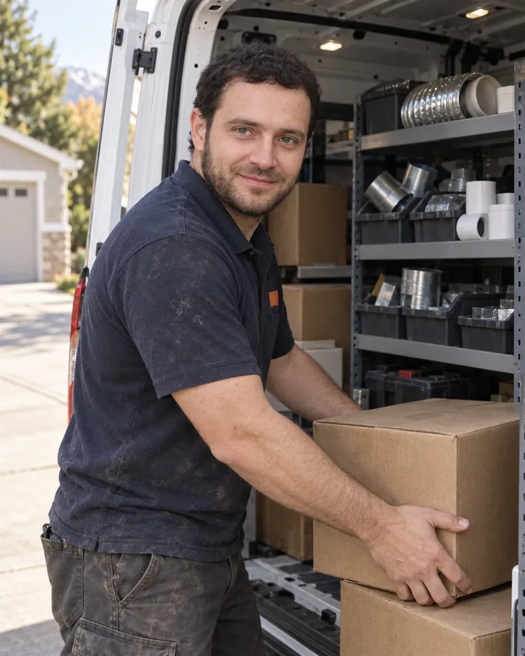 Furnace technician loading boxed parts and duct fittings into a service van for furnace service in Littleton, CO
