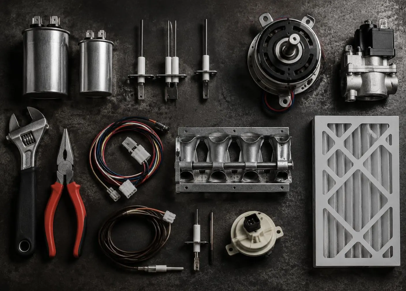 Parts behind the most common furnace repairs in Englewood, CO: capacitors, igniters, flame sensors, blower motor, gas valve, burners and filter