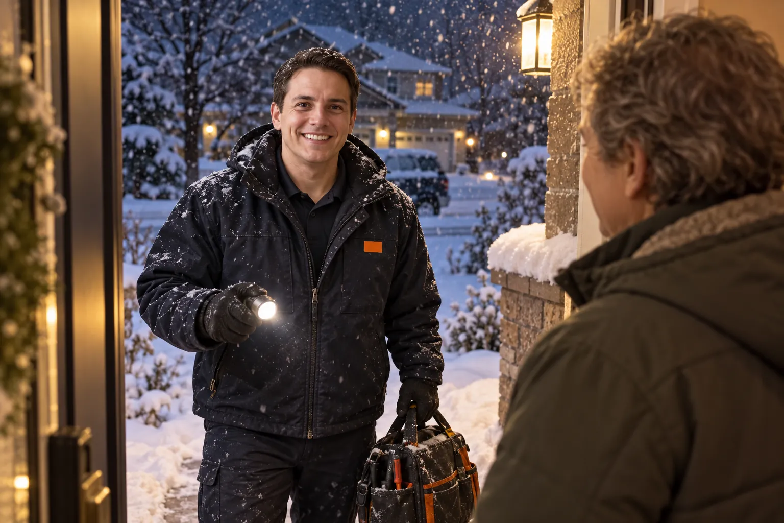 Furnace technician with a flashlight and tool bag arriving at a snowy door at night for emergency furnace repair in Littleton