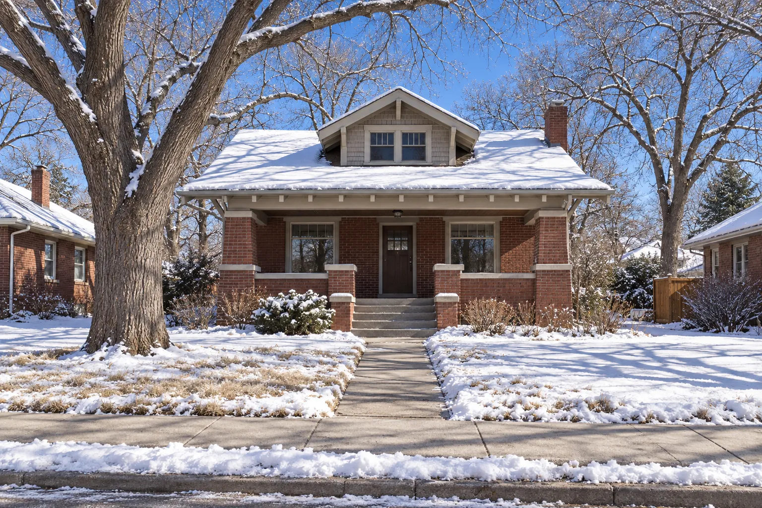 Red brick Englewood, CO bungalow with a covered porch, snowy lawn and bare trees, a home we serve for furnace repair