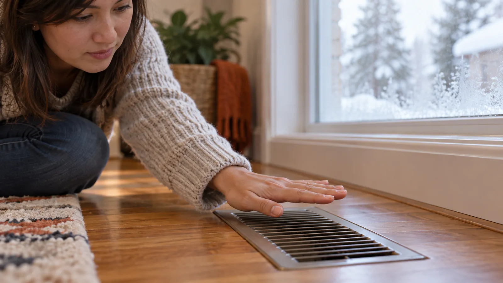 Homeowner kneeling by a frosted window to feel a floor vent, checking a furnace blowing cold air in winter