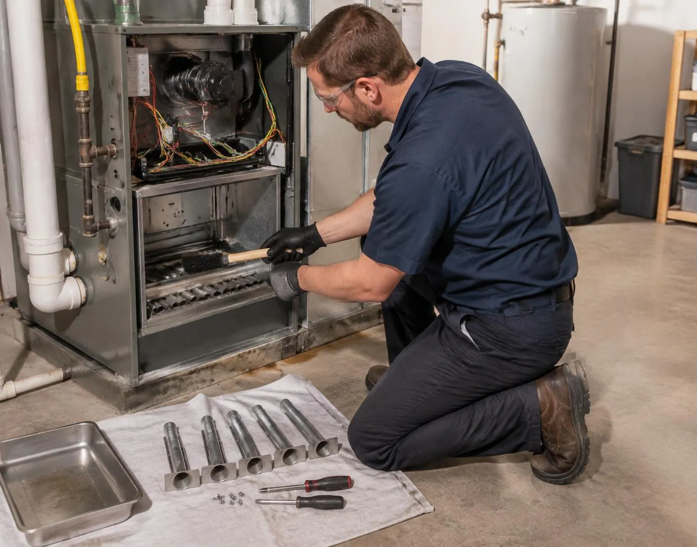 Technician brushing the burner compartment during a furnace maintenance tune-up in Littleton, cleaned burners on a towel