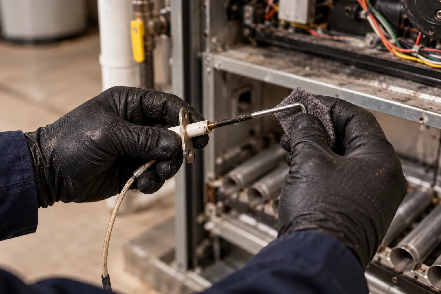 Gloved hands cleaning a furnace flame sensor rod by the open burners during a furnace tune-up in Littleton