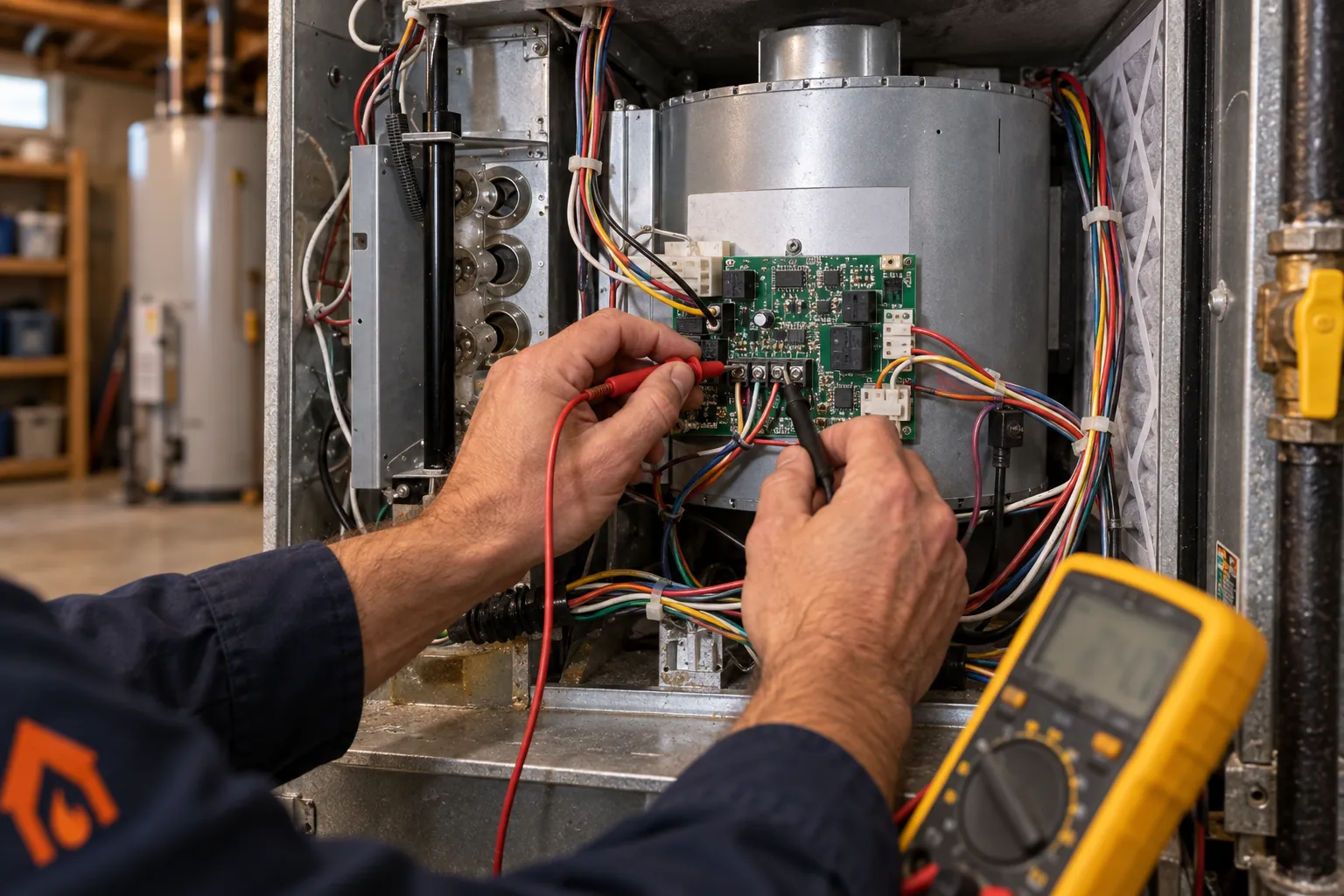 Technician testing a furnace control board with multimeter probes during furnace service in Littleton, CO