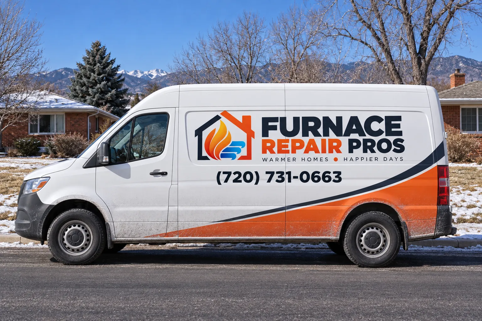 Furnace Repair Pros service van on a snowy street with mountains behind, ready for furnace repair in Littleton, CO