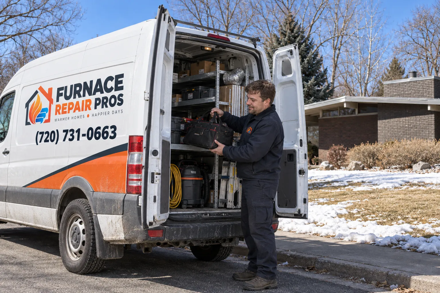 Technician lifting a tool bag from a Furnace Repair Pros van at a home in winter for furnace service in Littleton, CO