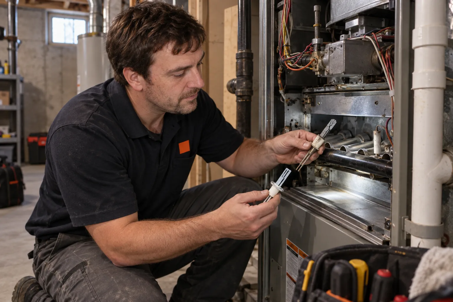Technician comparing a worn hot surface igniter with a new one, one of the most common furnace repairs.