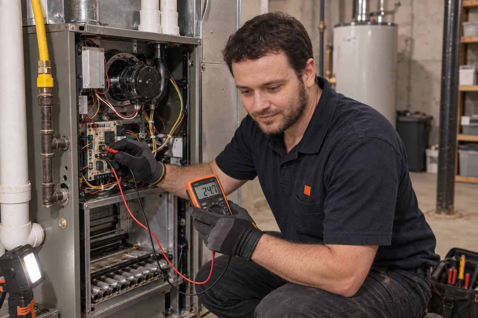 Gloved technician testing a gas furnace control board with a multimeter during furnace repair in Highlands Ranch, CO.