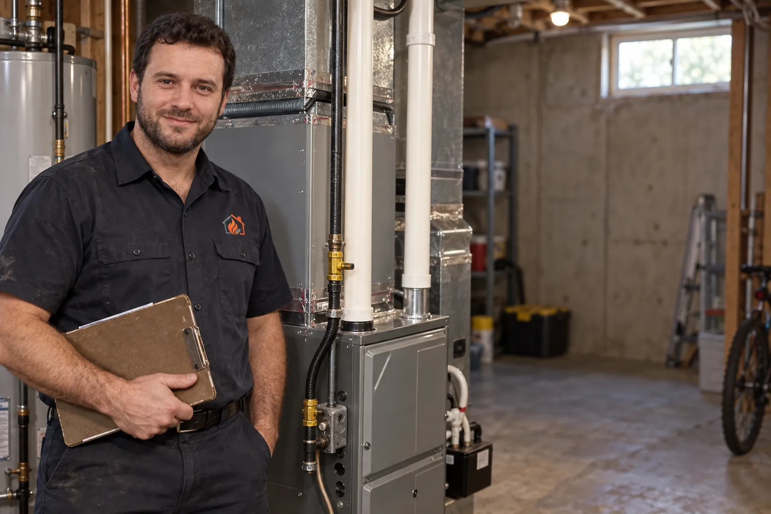 Smiling technician with a clipboard beside a high-efficiency gas furnace, ready for a furnace repair call in the south Denver metro