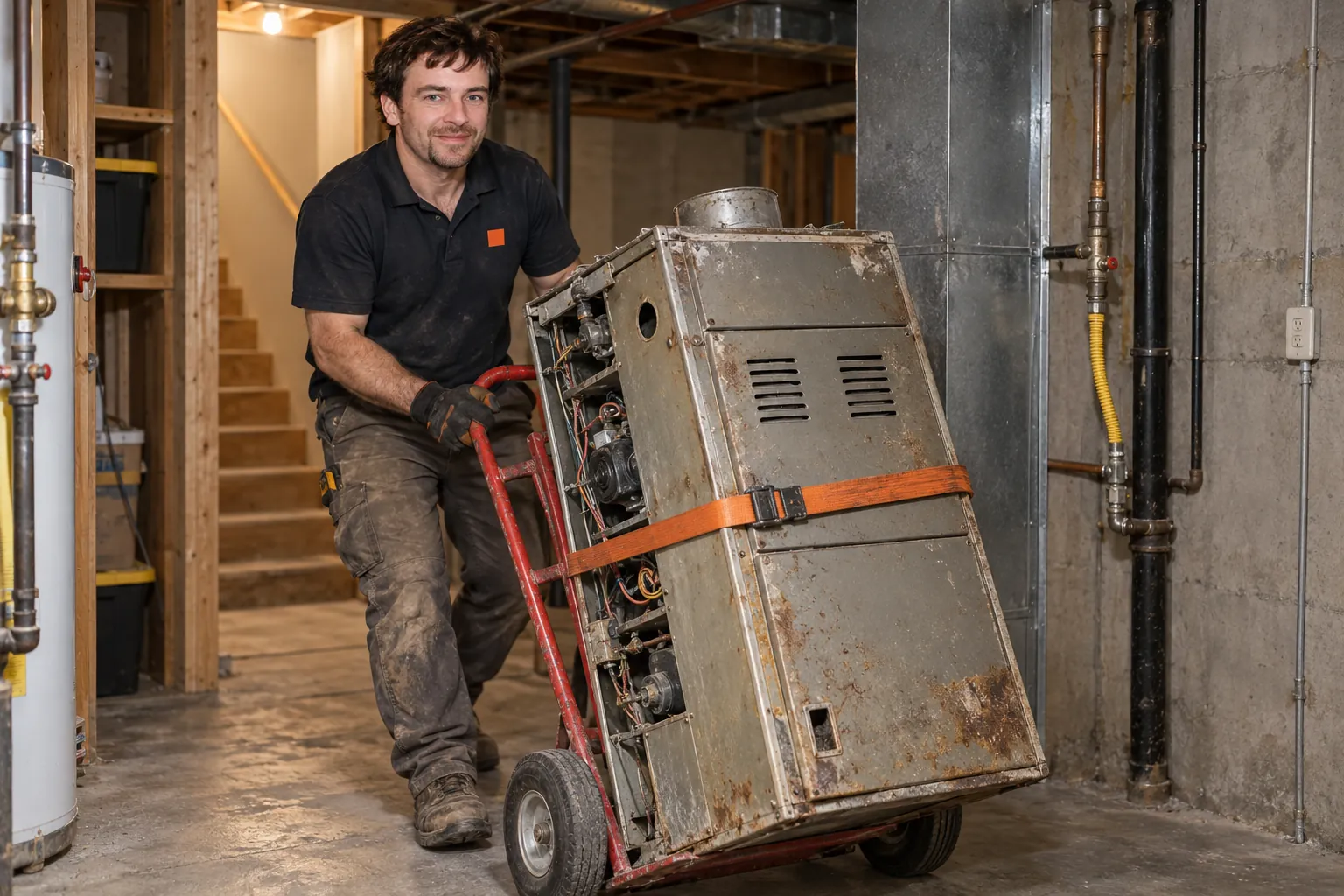 Technician wheeling an old, rusted gas furnace out of a basement on a hand truck during furnace replacement in Littleton, CO.