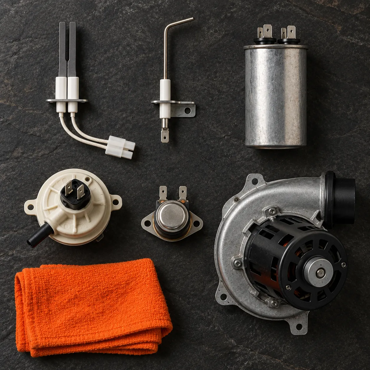 Furnace parts laid out on a dark surface: igniter, flame sensor, capacitor, pressure switch, limit switch and inducer motor.