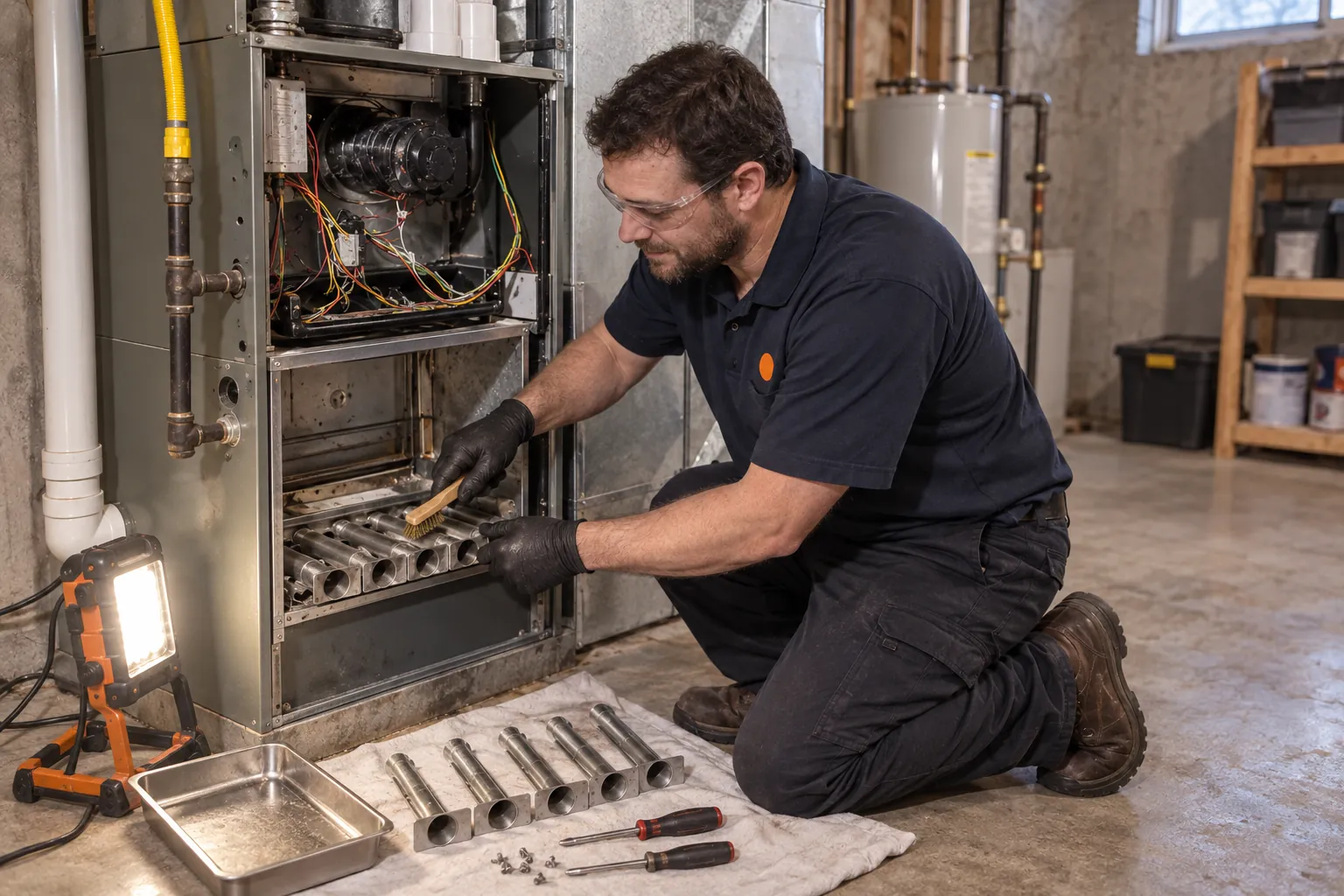 Technician in safety glasses brushing gas burners clean on a cloth during furnace maintenance and tune-up in Littleton.