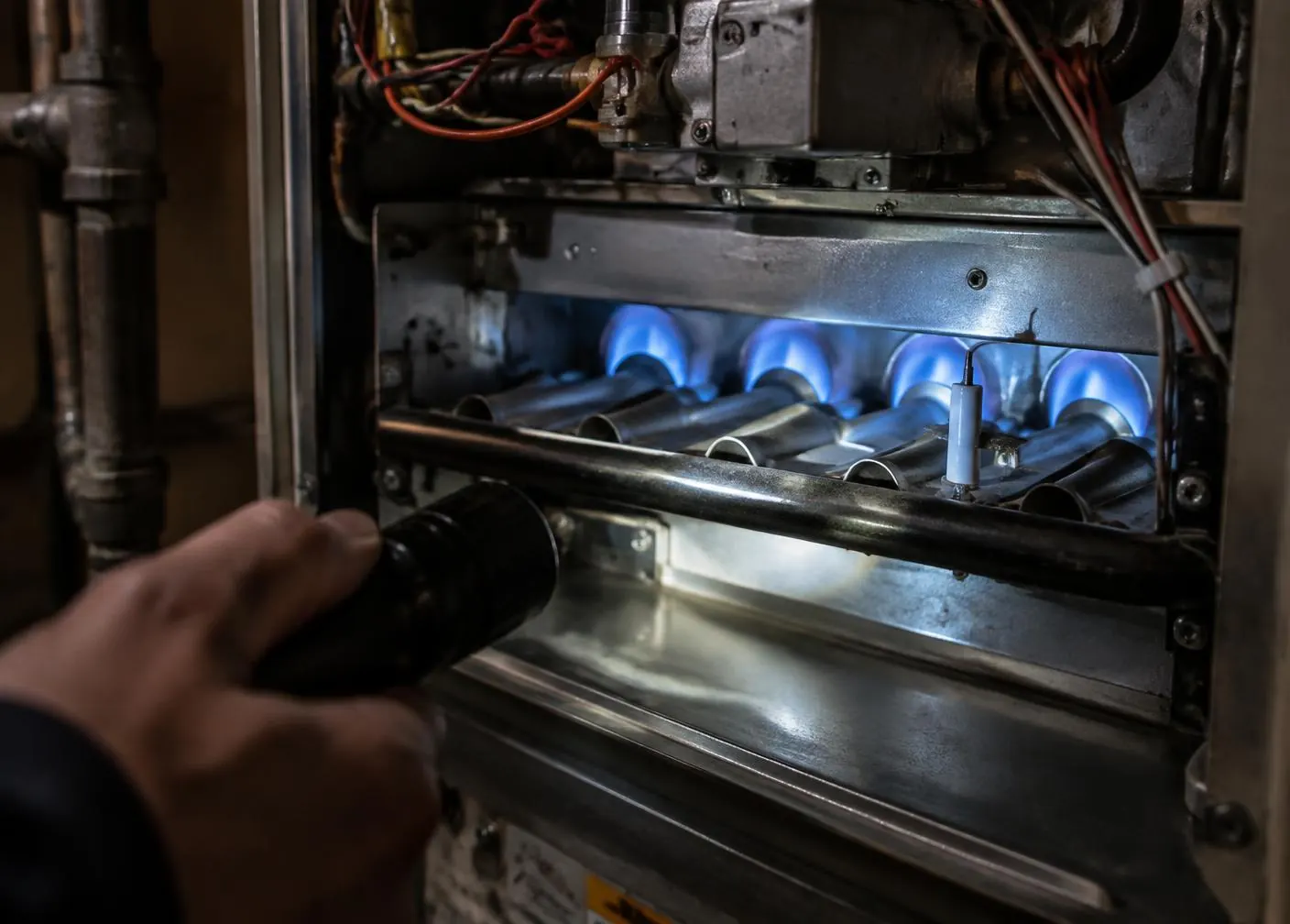 Flashlight on the blue burner flames and flame sensor of a gas furnace during a diagnostic check