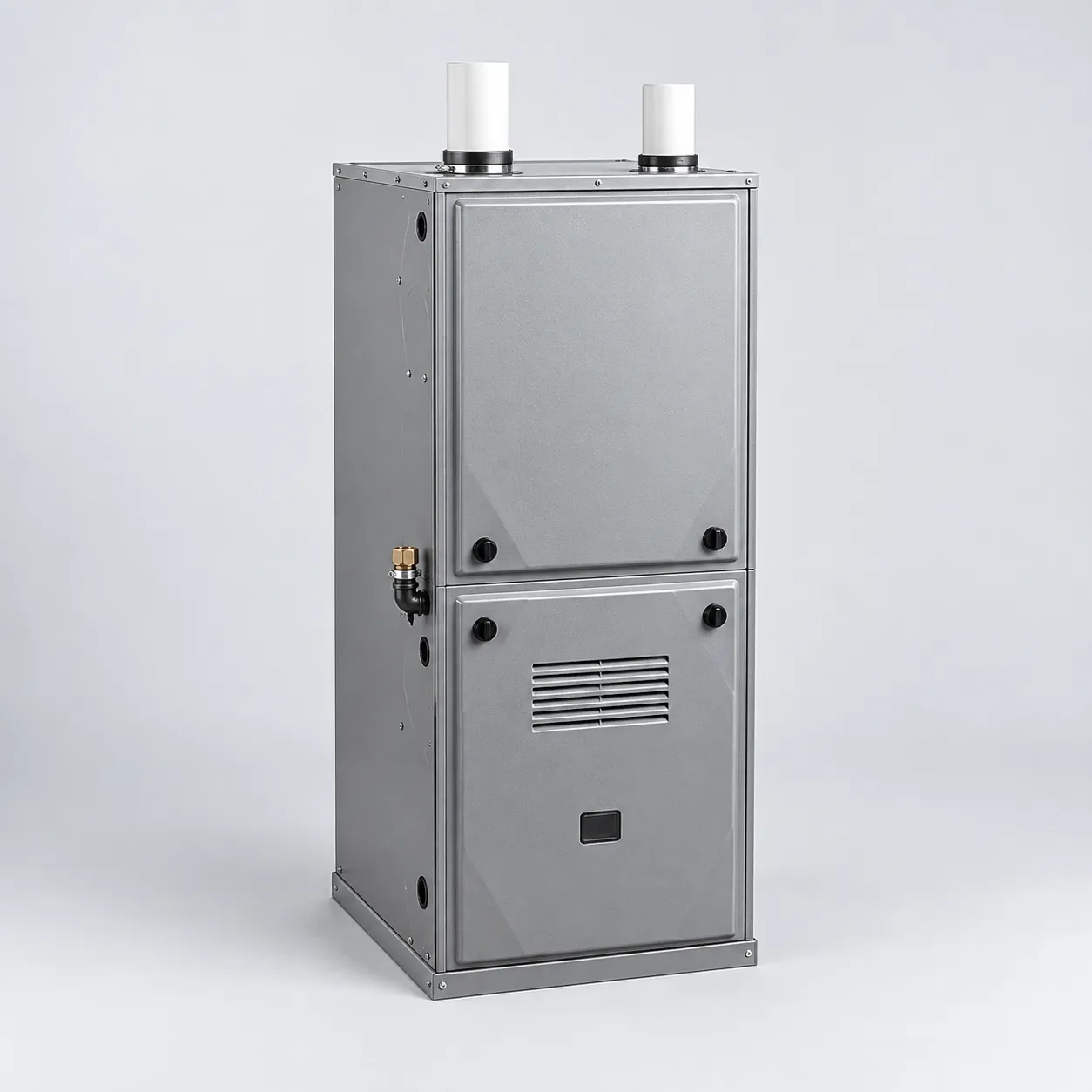 New high-efficiency gas furnace with twin white PVC vent pipes on a plain light grey background.