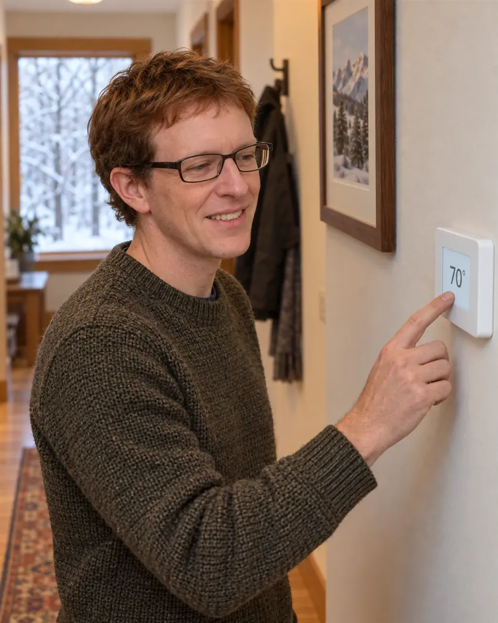 Homeowner sets a wall thermostat to 70 degrees as snow falls outside, heat back on after a furnace repair