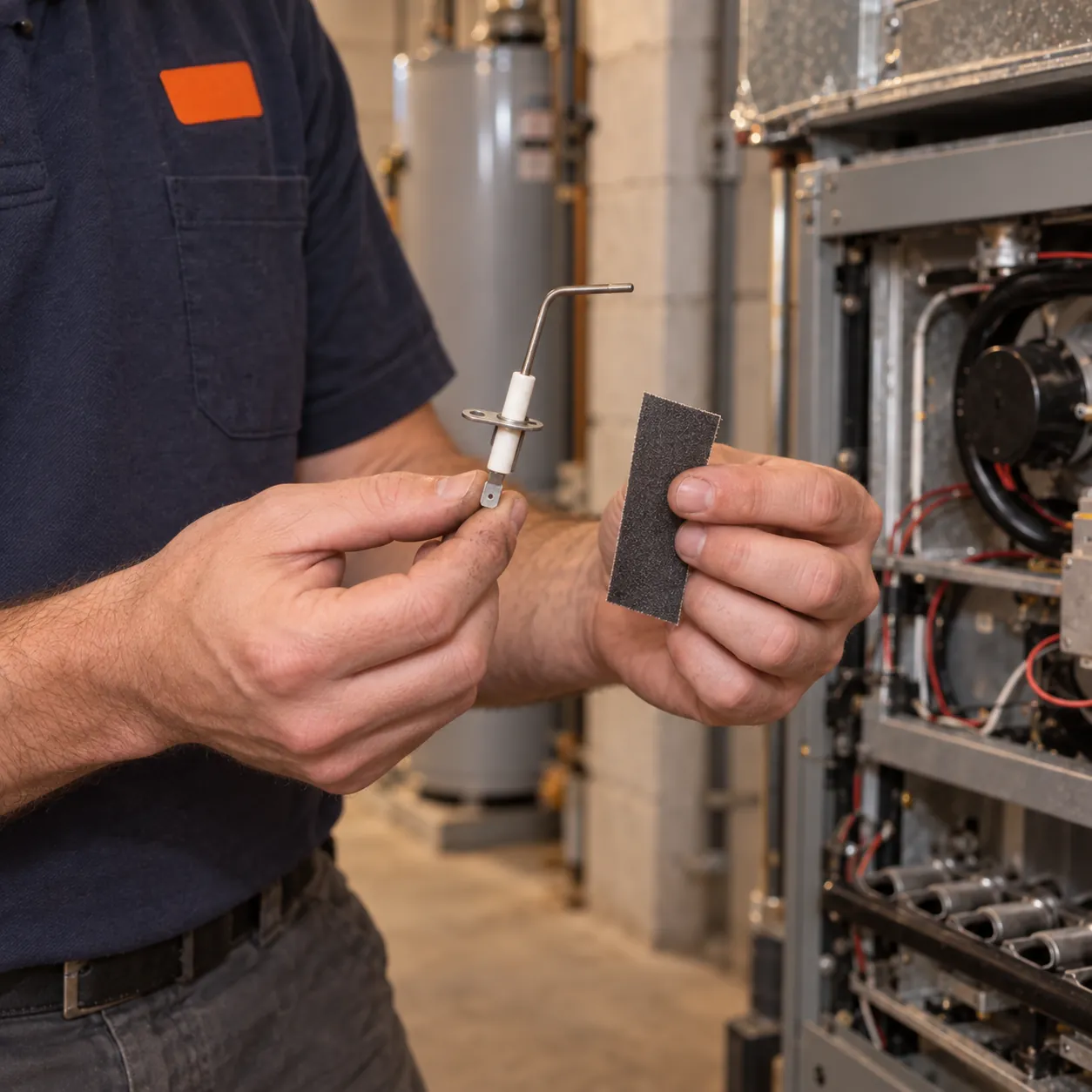 Technician holds a flame sensor and emery cloth by an open gas furnace, a small job in furnace repair in Littleton, CO
