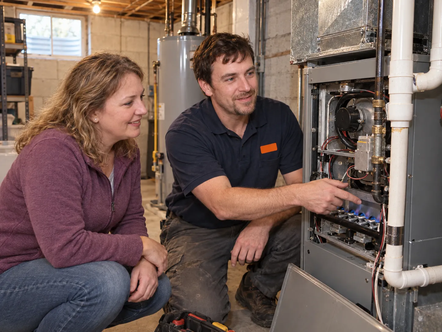 Technician kneels by a homeowner, pointing to the burners of an open furnace during furnace service in Littleton, CO.