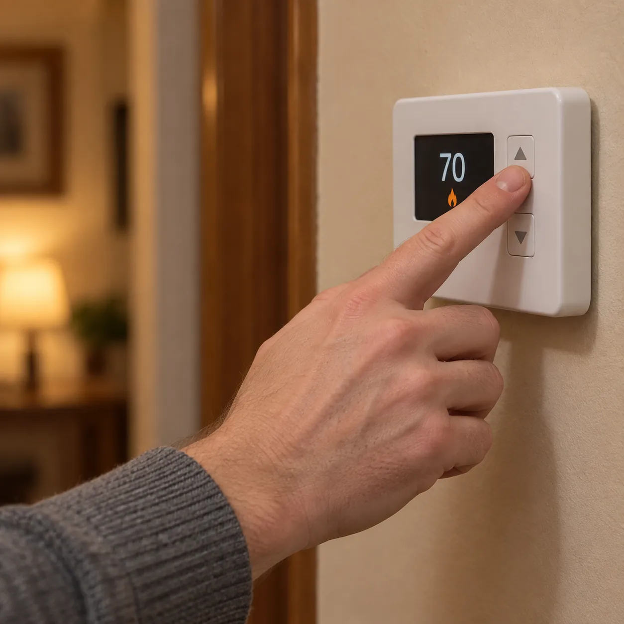 Thermostat set to 70 degrees with the heat icon lit, the final check after furnace repair in Littleton, CO