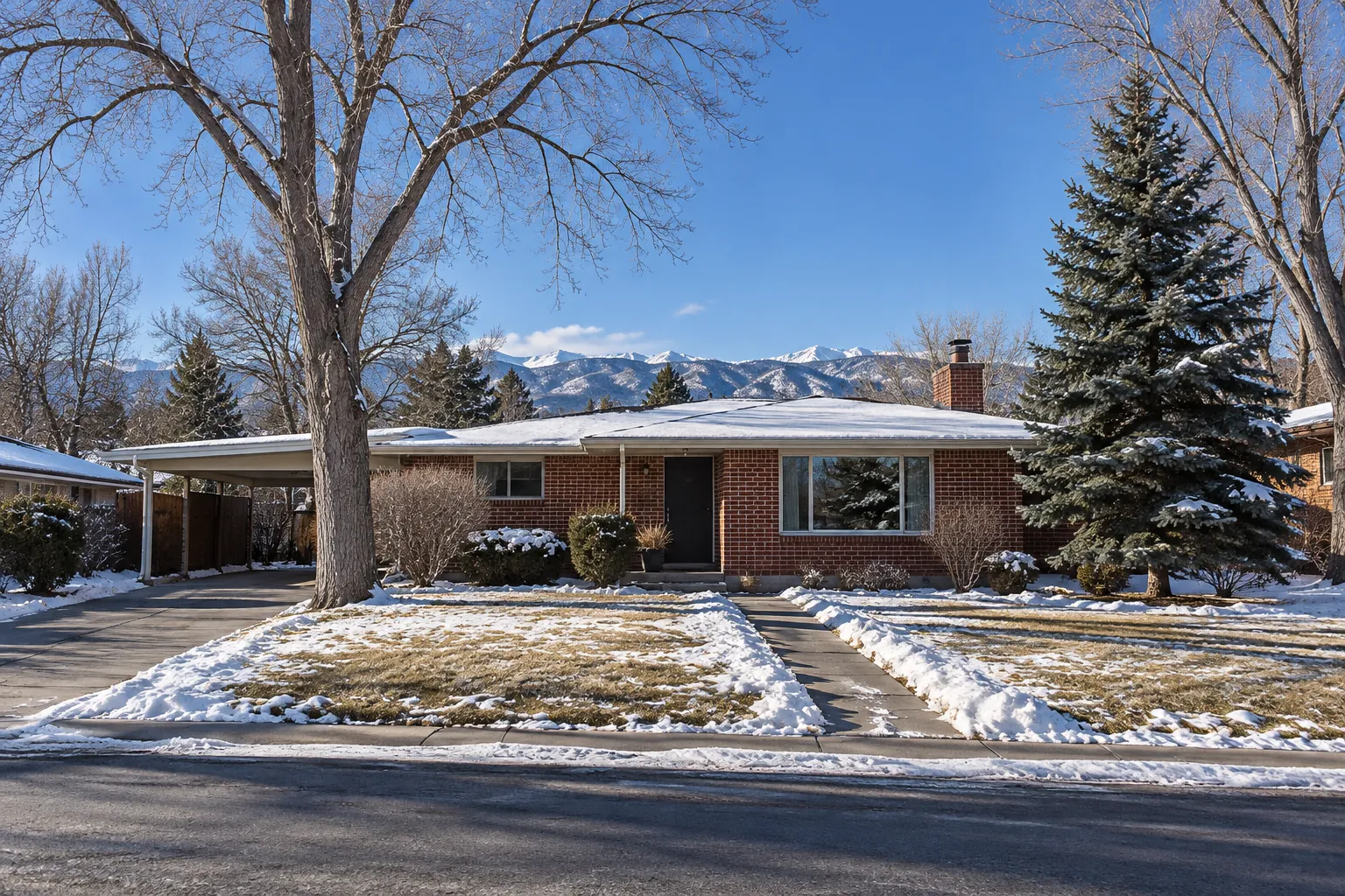 Red brick ranch home with a carport, snow and mountains behind, the kind we serve for furnace repair in Littleton, CO.