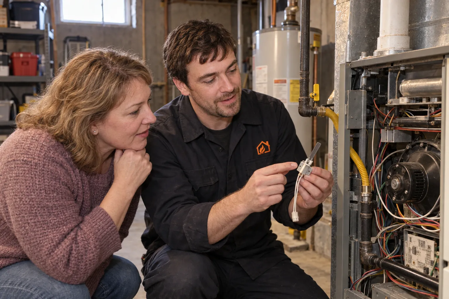 Technician shows a homeowner a worn hot surface igniter beside an open basement furnace during furnace repair in Englewood, CO