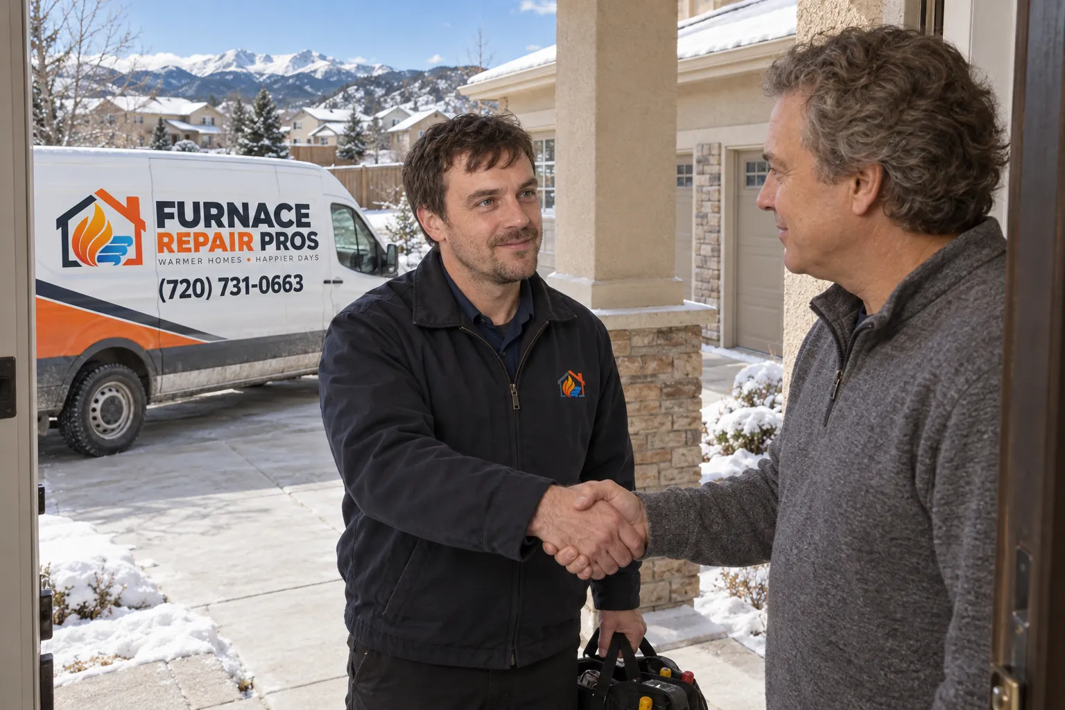 Technician shakes a homeowner's hand for furnace repair in Highlands Ranch, CO, Furnace Repair Pros van in the drive
