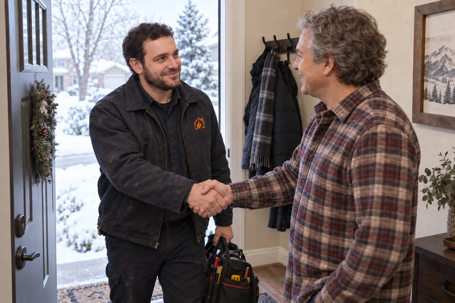 Technician with a tool bag shakes hands with a homeowner at the front door on a snowy day, arriving for a furnace repair call in the south Denver metro