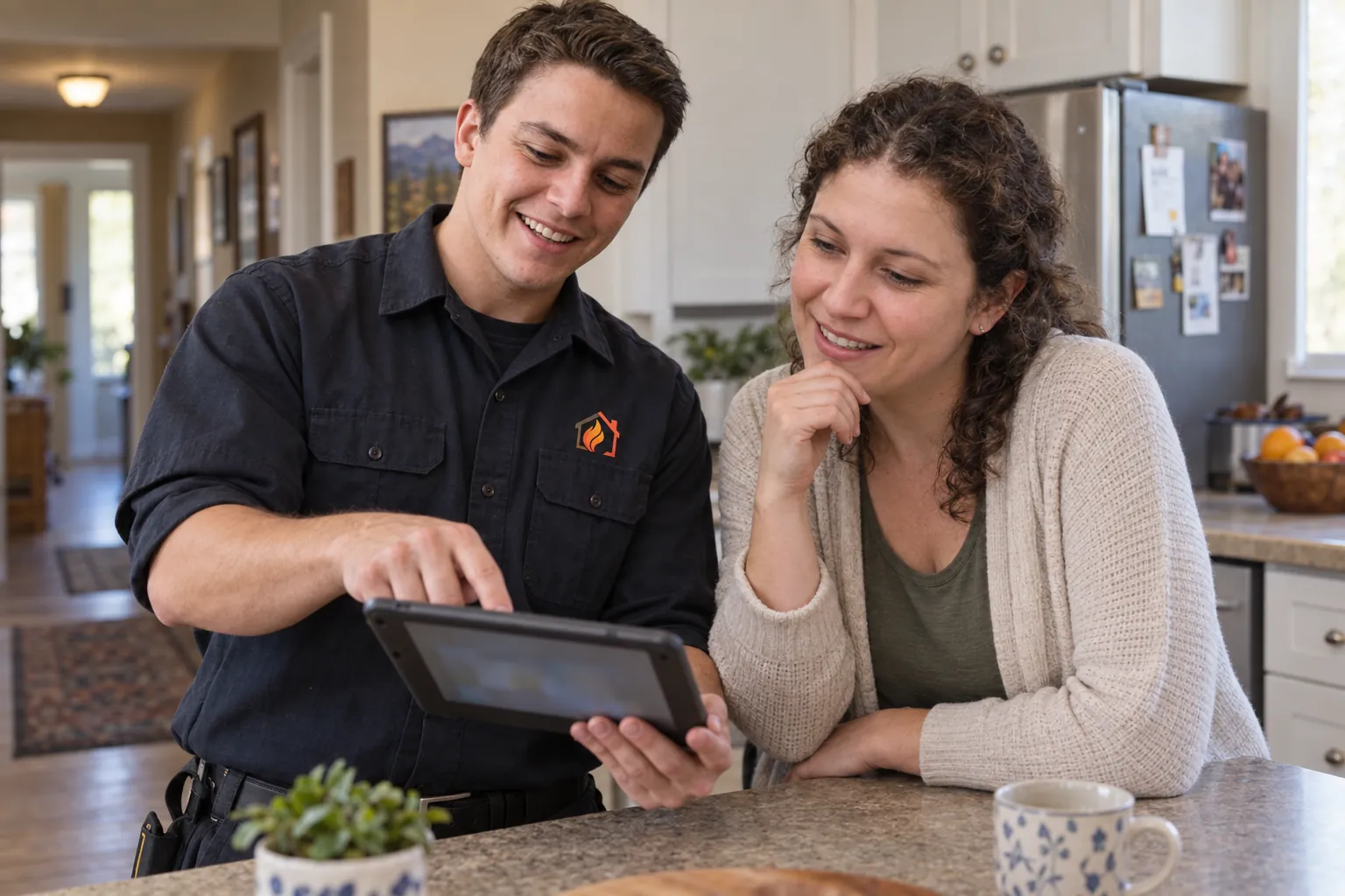 Technician reviews the repair price on a tablet with a homeowner at a kitchen counter for furnace service in Littleton, CO.