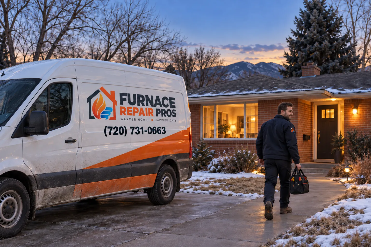 Technician with a tool bag walks to a snowy home at dusk from our van, for emergency furnace repair in Littleton, CO