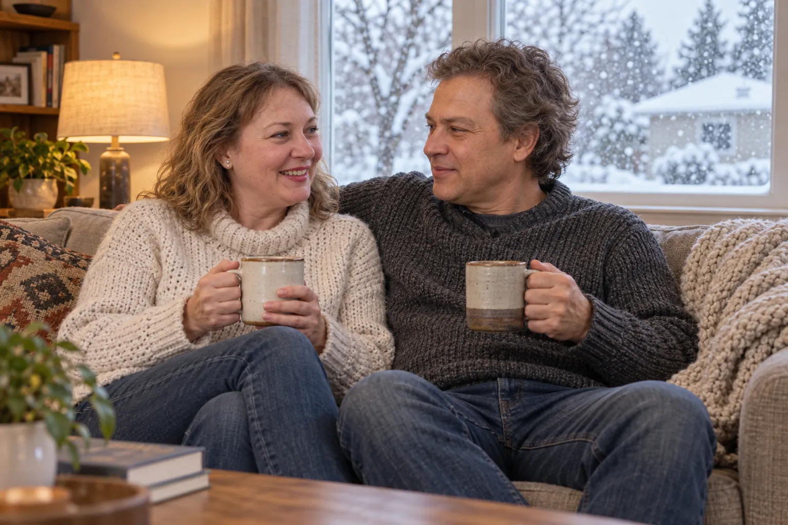Homeowners relax on a sofa with mugs in a warm living room as snow falls outside, heat restored after a furnace repair in the south Denver metro